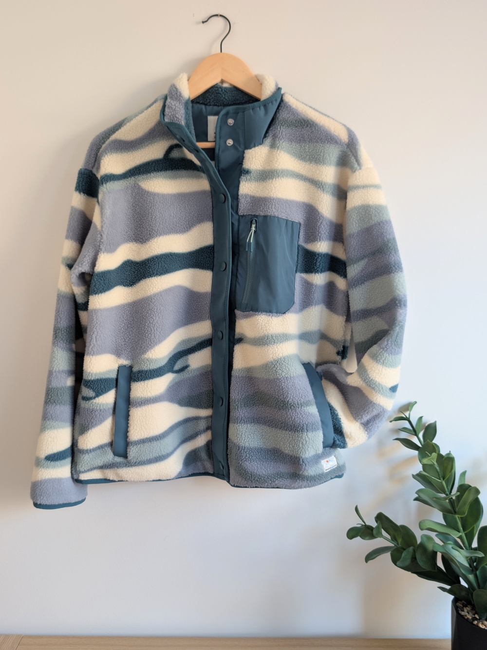 Teddy Fleece Jacket in Blue & Cream - Women's Cozy Layering Coat